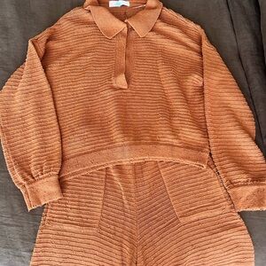 Free People Rust Textured Knit Sweater and Shorts Set